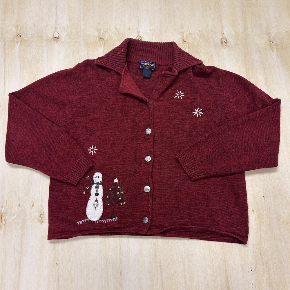 Woolrich Cardigan Sweater Womens Large Red Snowman Button Holiday Christmas Knit